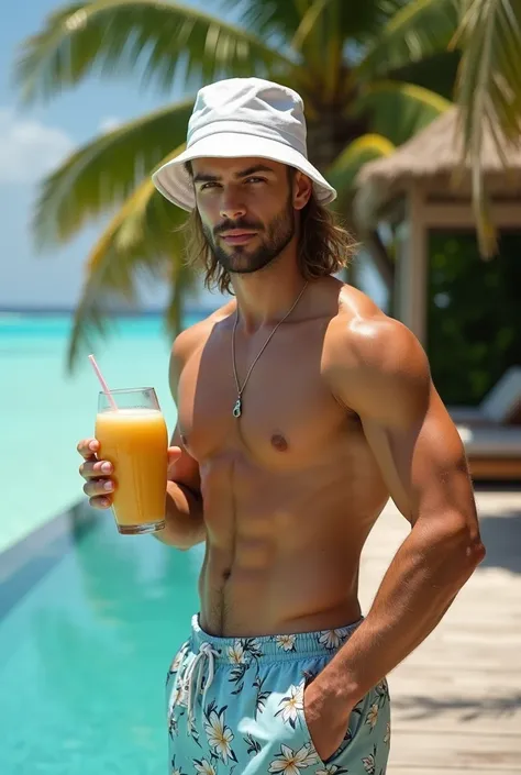 MAN 27 YEARS OLD, theo james,  long wavy light brown blonde hair tied in a half-loose bun,  short shaved beard on the side ,  Square face , light skin,  strong and muscular , broad shoulder, defined abdomen,  wearing light blue shorts with flower print , w...