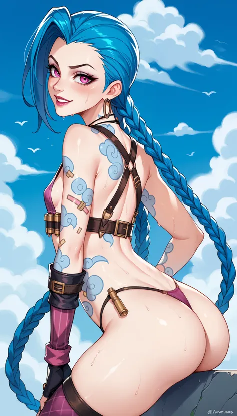 anime_source, (masterpiece), best quality, expressive eyes, perfect face, score_9_up, score_8_up, score_7_up, adult, mature, sexy, erotic, 1girl, Jinx (League of Legends) , small breast , blue Cloud tattoos , blue tattoo, League of legends backround, sexy ...