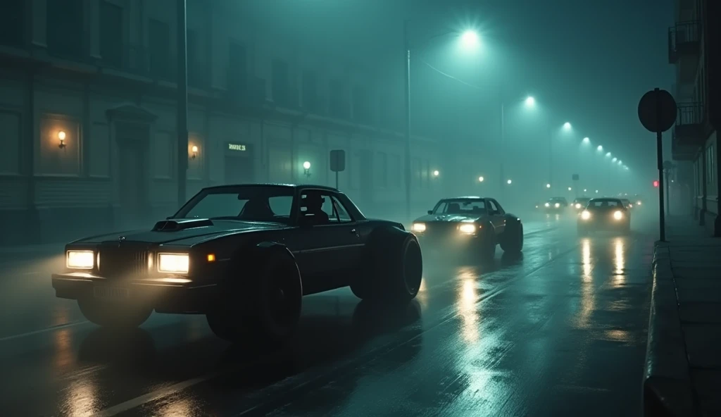 Sleek, black Dala cars are speeding through the fog-filled streets, their headlights piercing the darkness. Each car is well-maintained, shiny, and ominous, reflecting the cold glow of the streetlights. The mafia gangsters inside the cars are preparing for...