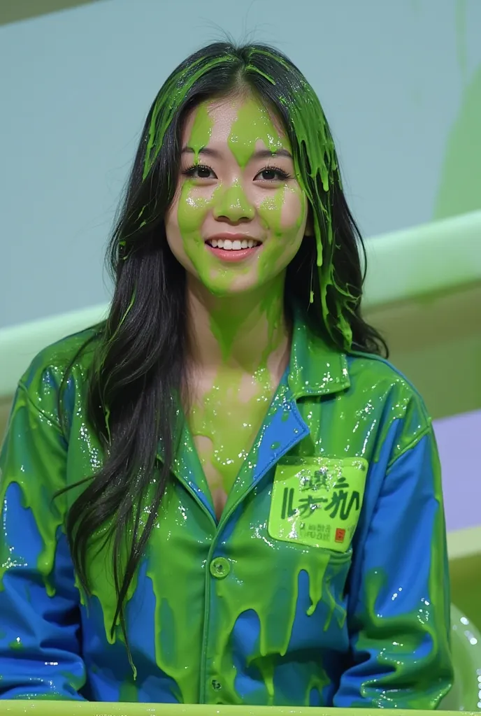 film photograph of japanese girl covered in green slime. photorealistic. glistening liquid. green slime. raw japanese model. jap...