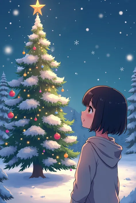 Christmas tree with snow in the background anime-style girl Bob wearing a hoodie