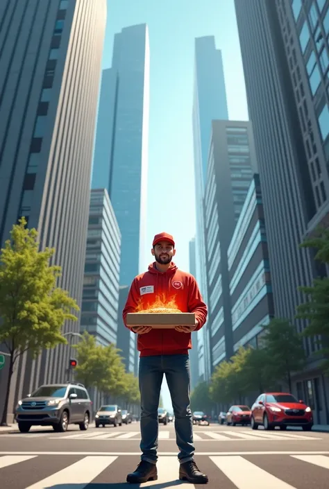 a pizza delivery man stands at a crossroads around tall new buildings