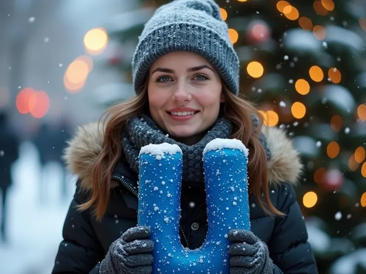  beautiful modern adult woman aged 40 with a Christmas tree in the background,   in the hands of a woman at chest level a voluminous blue U , snowflaked , the letter u at chest level in the hands is a letter. Woman on the street with a Christmas tree in th...