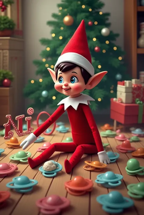  Elves, a ish prankster according to custom " The elf on the shelf " Surrounded by lots of pacifiers, write  " nino" Christmas Decor 