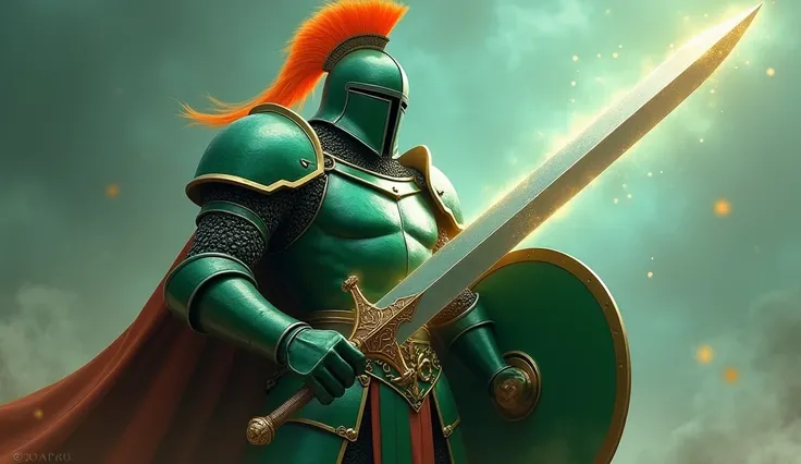  the character of a knight wearing green armor 。 wears a helmet with an orange feather decoration on the head、 the face part is dark and cannot be seen 。 has a large glowing silver sword on the right hand 、 holds a round green shield on the left hand 。The ...