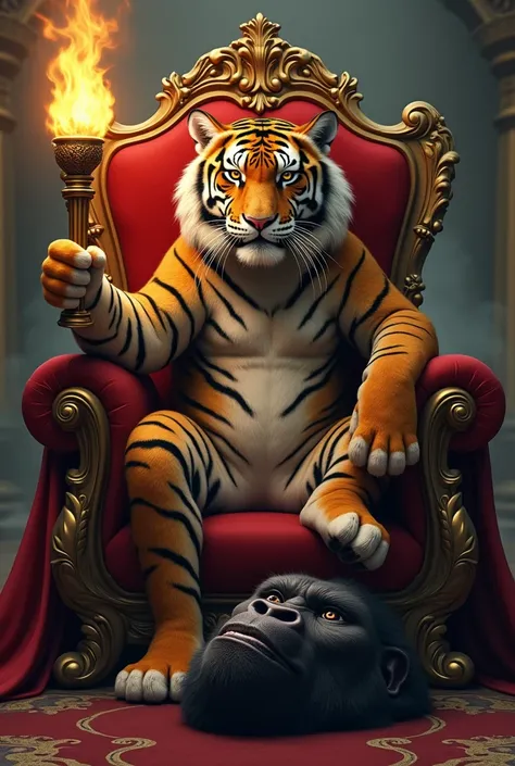 One leg of the tiger is on the state throne, the other hand is a victory torch, under one leg is the head of King Kong