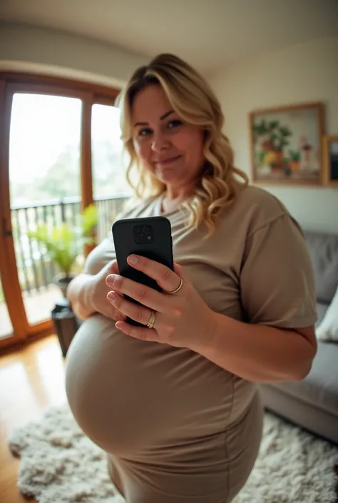 A blonde American pregnant woman with white skin and a plus-size body and her ample medium-sided portion as if holding a camera in the middle of her living room. Using a fisheye lens camera technique, the image features a unique distortion effect that make...