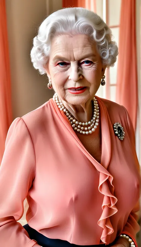 (gorgeous queen elizabeth 80yo:1.3), (huge saggy breast:1.3), (look at viewer:1.4), sitting on a bed, (sensual expression:1.4), (((chiffon coral shirt with a deep collar necklane))), black skirt, lipsticks, Pearl Necklace
