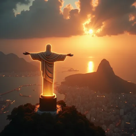 Imagine a glowing statue of Jesus Christ in Rio, radiating light over the city as the sun sets.