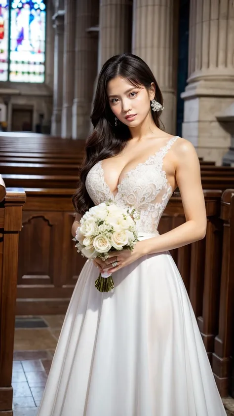 A beautiful young Japanese woman, 26 years old, with healthy thighs, beautiful legs, flawless skin, random hair color and style, large breasts, wearing a (wedding dress:1.3), full body shot, high heels, holding a bouquet in her hands, in a church setting, ...