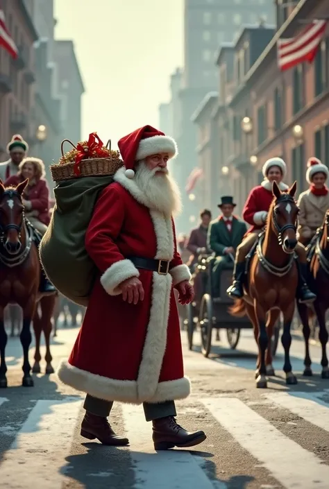 Strolling through the streets on Christmas Day in the year 1890 , Santa Claus wearing old clothes of the time crossing the street among buggies and horses carrying his huge gift bag on his back 