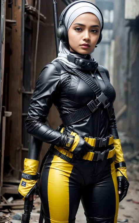 RAW, (Best quality, high resolution, work: 1.3), perfect lighting, 8k, Beautiful Malay woman in hijab, perfect fit body, ((wearing racing suit likes police uniform, black and grey mecha, wearing high-tech headset, military harness, cloths colored base on b...