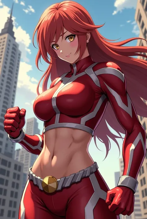  My Hero Academia style ,   anime girl , woman, young woman ,  full body shot ,( Fighting Pose :1.3),Long Hair, Red Hair,   Brown Eyes , hero suit, Full Body Suit,  red suit with white details, perfect anatomy,  （Well-trained abdominal muscles) , super det...