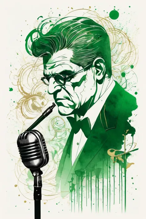 Create an exquisite ink drawing, intricate line drawing, soft light, lighter tones, lower contrast, green, Minimalism,  on white paper. This piece should fuse the volumetrically shaded silhouette of a 1950s Frankenstein singing into a 1950s microphone and ...