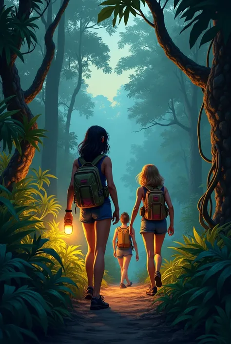 Three woman in a jungle trip at evening. One of them with a torch, another one wearing headphones and third one just looking around. 