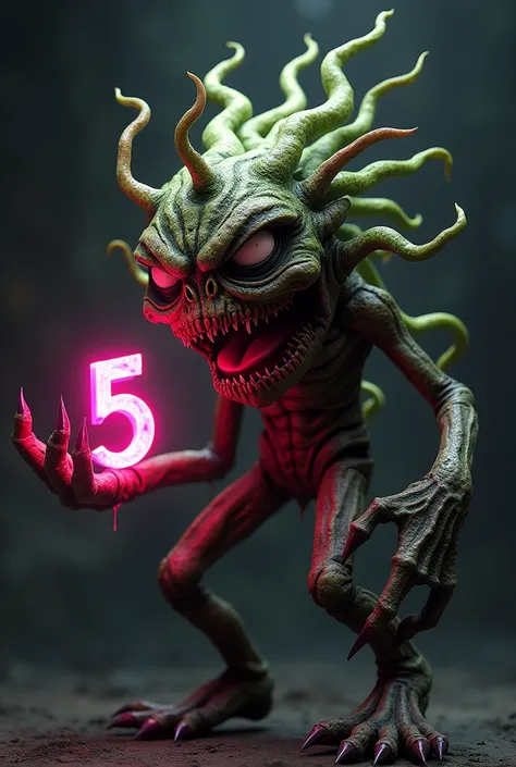 Sarafe with the number f5 in the color pink in the hand and a scary face,  digital art by Patrick Brown  ,  ZBrush Central Contest winner , digital art, monster, plant monster,  nightmare fuel !!!,