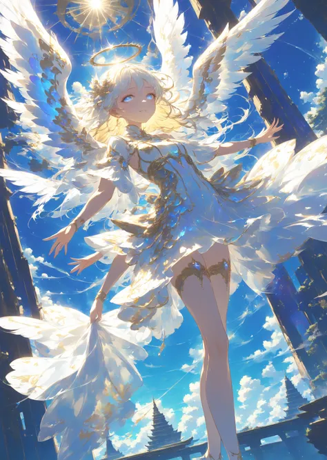  Masterpiece, High Quality, High Resolution, 16k, Illustration by Makoto Shinkai, Animation, Detailed Background, Hyperrealistic, Digital Paint, Fantasy, Heavenly World View, Angel Girl, Glittering Costume, Long Shiny Hair, Angel Ring, White Eyes, Long Eye...