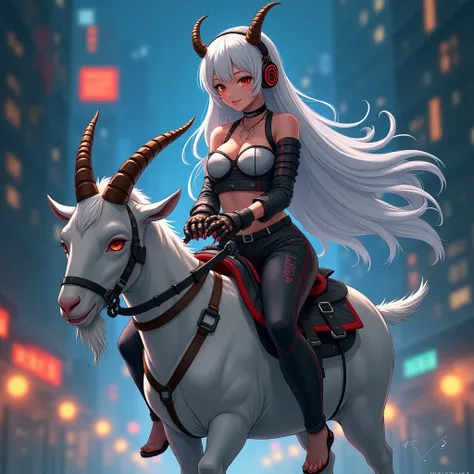 Beautiful anime woman, long beautiful white hair, detailed red eyes,Large breasts, wearing futuristic headphones, red nail polish on her hand and toe nails, detailed feets, wearing a futuristic cyber punk outfit, riding a small goat with saddle and bridle ...