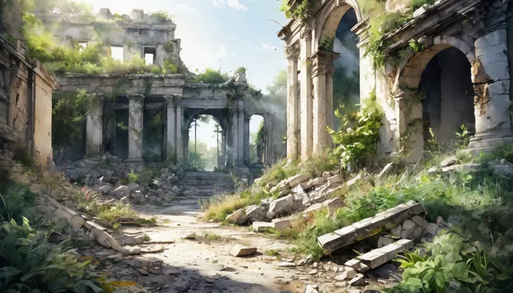 Watercolor, Blurry painting ,ruins, waste ,rubble,Vegetation Erosion , Sunny, delicate and dynamic texture ,  contrast between light and dark, 2.5D,  Artistic Pictures, hyper realistic,  Digital Graphic CG ,   super detailed ,   absolute resolution  ,  bes...