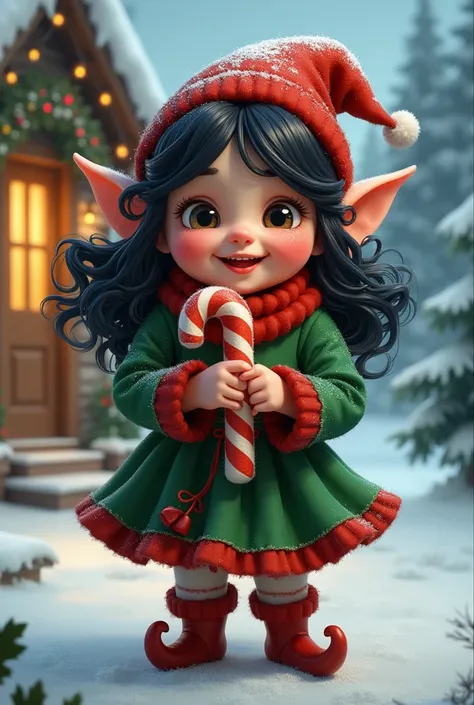 Female chubby Christmas elf with black hair,Candy Cane 