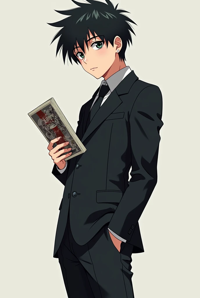 A 16-year-old boy with big hair black uniform full body part and a Jordam manga 
