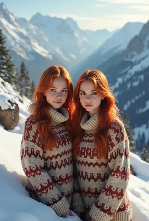 Twin siblings, Brown skin, Redhead, blond-eyed, beauty, In the snowy mountains ，  wear ethnic sweaters。