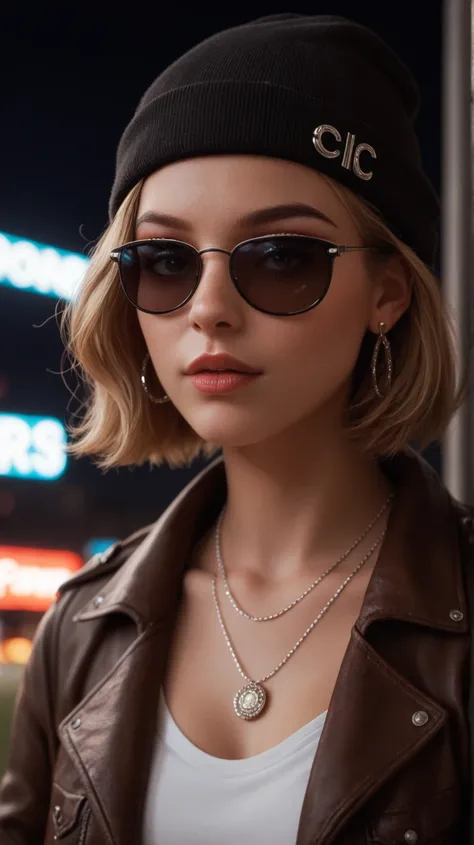 Face close up, a beautifulindianwomanResemblesRashmikaMandanna, watching over black sunglasses, jacket, necklace, neon light reflections on skin, ear ring, makeup, skin imperfection, short hair, beanie, neon lights background, low light, depth of field, hi...