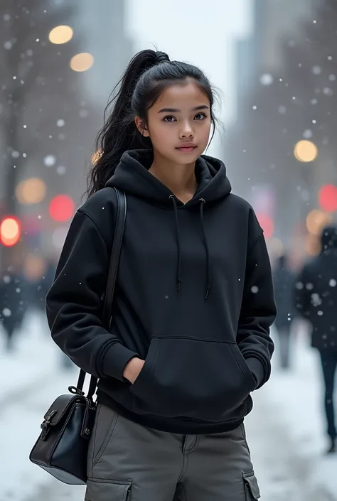  young girl, 24 years old,  black hair in a ponytail ,  athletic build , in a black hoodie and wide cargo pants,  gray pants with all details  ( ultra realistic ),   in the morning realistic leather , beautiful eyes,  ultra realistic hair ,  against the ba...