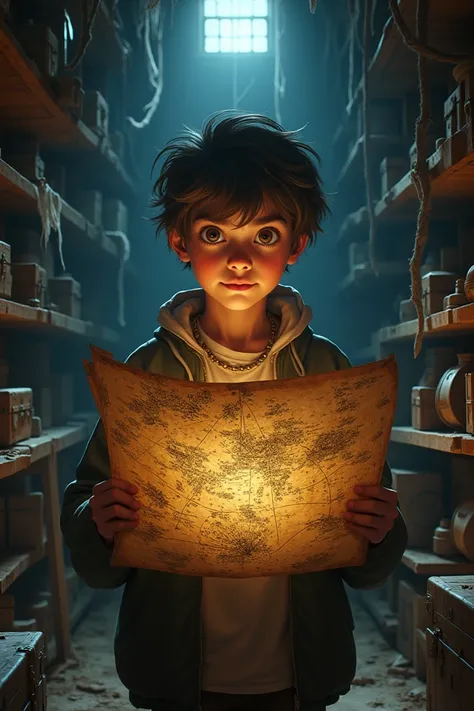 A dusty attic filled with cobwebs and old trunks. A teenage boy holding an ancient map with glowing, intricate details. Dim light filters through a small window, illuminating the boy’s curious expression. In the background, shelves of books and forgotten t...