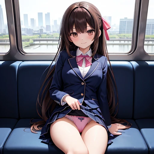 (((masterpiece,   best quality ,  best quality,  one girl , Alone,  more beautiful than Kira、 Detailed Images )))、18 years old、Slender、 Hinata 、 Thin Thighs 、(  LOTS OF DARK BROWN HAIR 、 long hair、 brown eyes、 round eyes、Clear a division、、), on the train、 ...