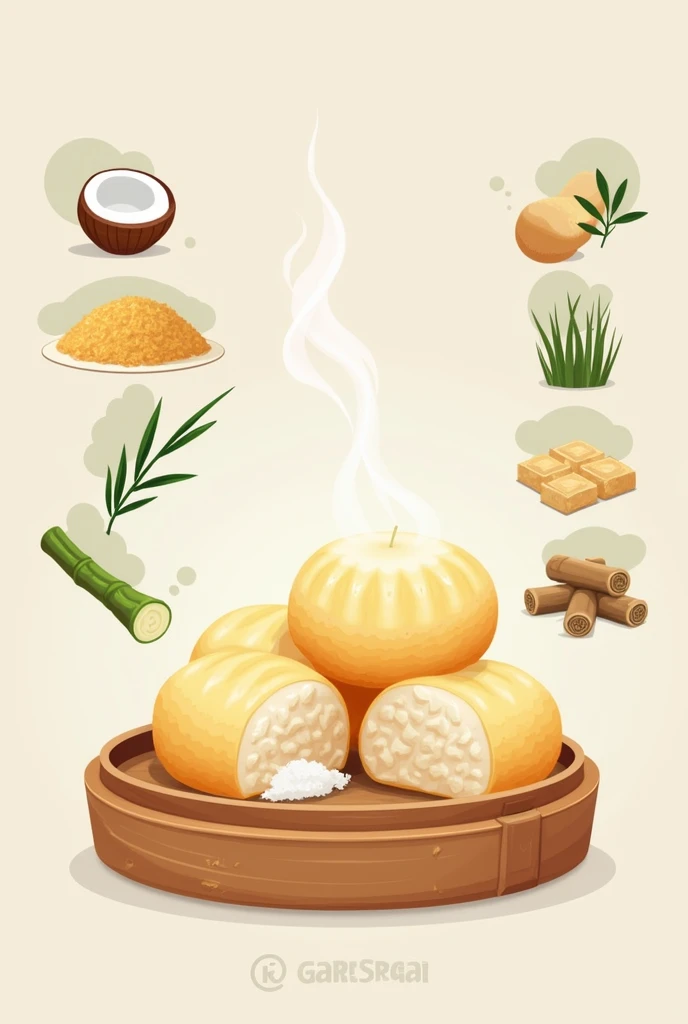 Photo of fresh putu cake with steam rising. Illustration or icons of grated coconut, palm sugar, and bamboo.