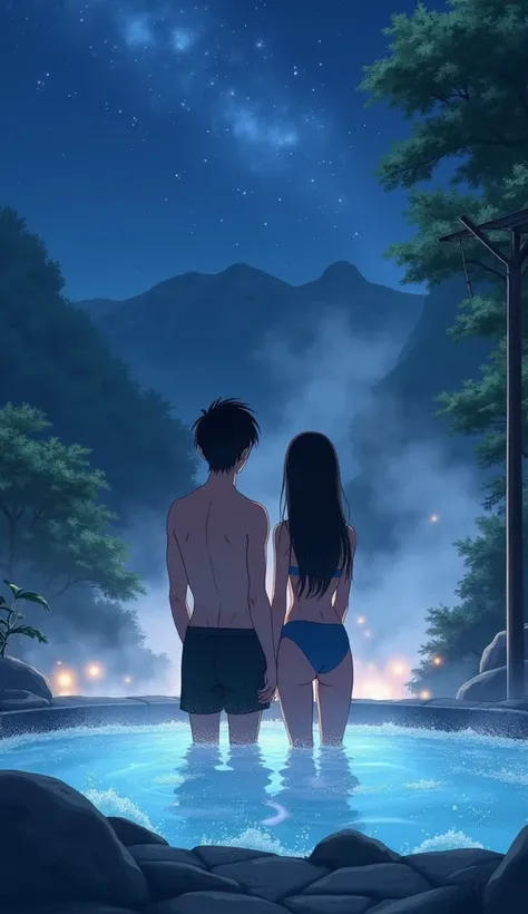 (Amazing. Super high quality. So beautiful. Super detailed. Perfect face. Perfect eyes. Perfect anatomy . a masterpiece. Unbelievable.) Dynamic perspective. 2D, Japanese anime cel style. Back view. Full body. A couple bathes in an outdoor hot spring, stand...