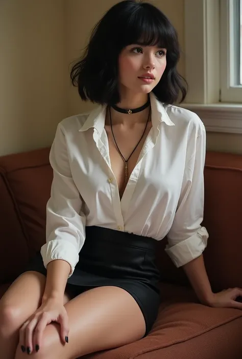 Betty Brant aged 20 (square black hair plunges ), (perfect face), beauty, attractive, ( completely naked), (wide hips), (big boobs), athletic size, ( she is wearing a white shirt with a sexy black skirt,  with a black band necklace ),Kneeling on a couch wi...