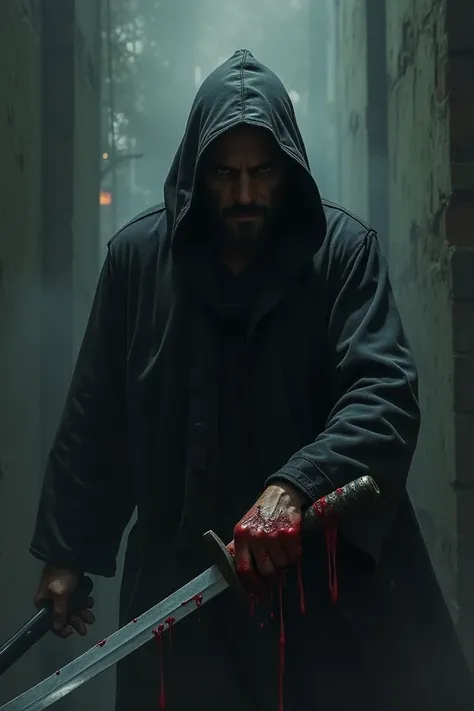  A man comes out of the shadows ,  frustrated , a thin katana ,  covered with a hood up from the nose,  in his hand is burned ,  blood drips from his hand to his face 