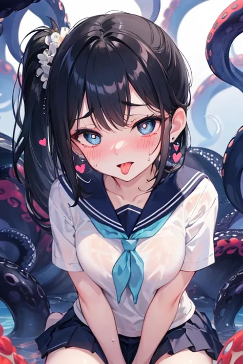 (( best quality)), ((masterpiece)), (( Details)),  black hair, ( light blue eyes), (side ponytail), ((Tuck hair behind ears)),  sailor suit ,  navy blue pleated skirt,  zitales, 1girl, Alone, looking at viewer, ((blush)), open mouth, (heart-shaped pupils),...