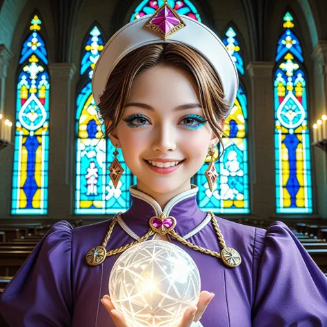  charming and cute female fortune teller ,  light is reflected in beautiful eyes , Im looking at a shining crystal ball ,  Smiling Brightly ,  natural makeup, きめ細やかな美Shii顔, Purple Outfit,  Close up, god秘的, 美Shii , god々Shii, 3D cartoon , masterpiece,  Max I...