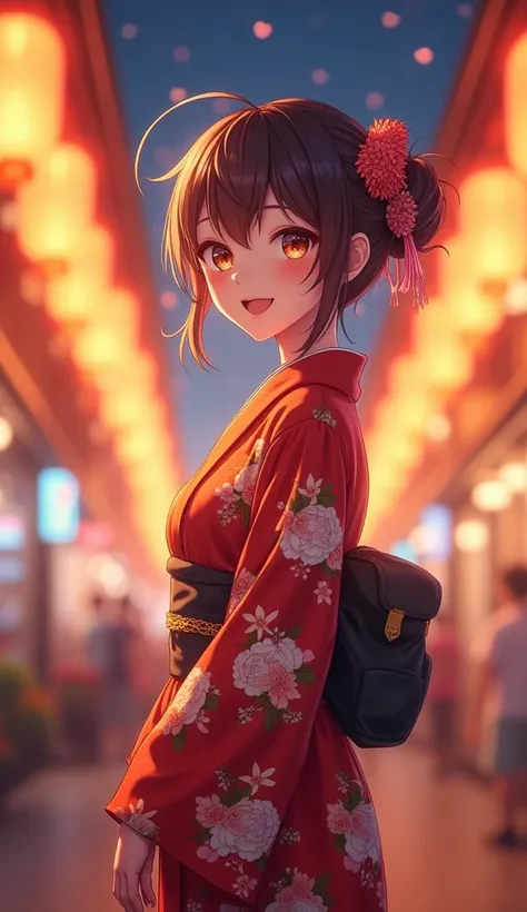 a colorful festival of lanterns background, beautiful androgynous, lace and velvet Yukata, beautiful face, beautiful legs, light orange eyes, very happy face, full body, colorful colors, detailed background beautiful, 7-eleven store, night vibe,high qualit...