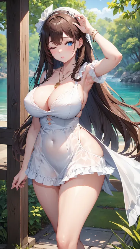 1girl  “"Giant breasts" + "large rear" + "wide hips" + " tiny waist" + "plump thighs" + "blue eyes" + "brown color hair" + {“Outfit: White summer dress, cross necklace, Hands intertwined, eyes closed