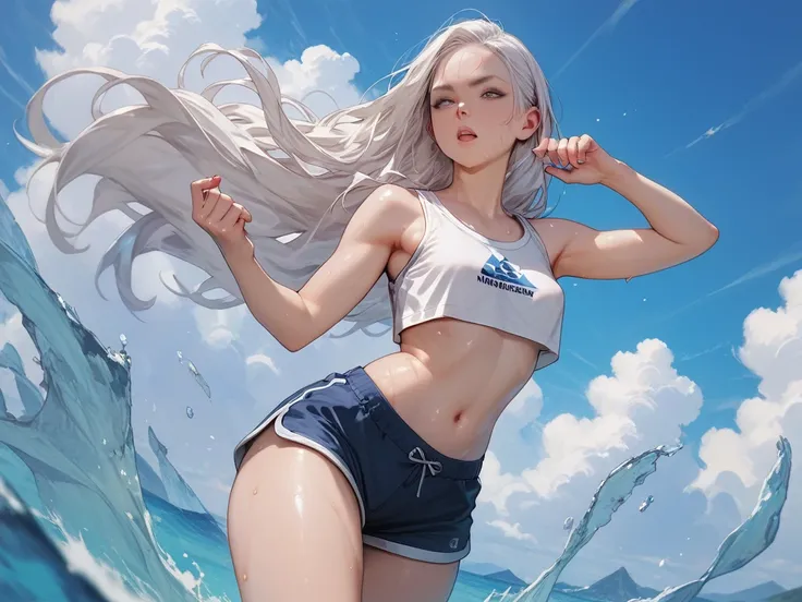  score_9,  score_8_up,  score_7_up, masterpiece,  best quality, Sexual pose,change,  1 girl, Alone,  white hair ,  long hair, sweat  , Conceit, ,  small breasts,  crop top, Shorts,  Thighs,  Thighsハイソックス, Curvy, 