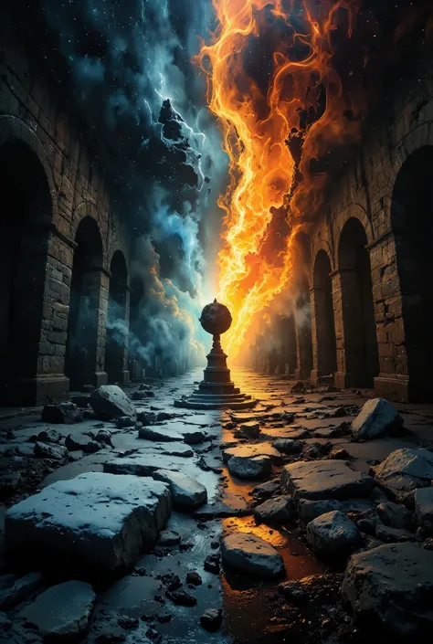(8k, Top Quality, Masterpiece), (Realistic, RAW Photo, Super Fine Clear), Realistic Light, , {(Ancient City Ruins:2.0), ancient roman ruins, Headless crumbling broken stone statue, blizzard, thunder :1.5}, , double exposure, complex light source, various l...