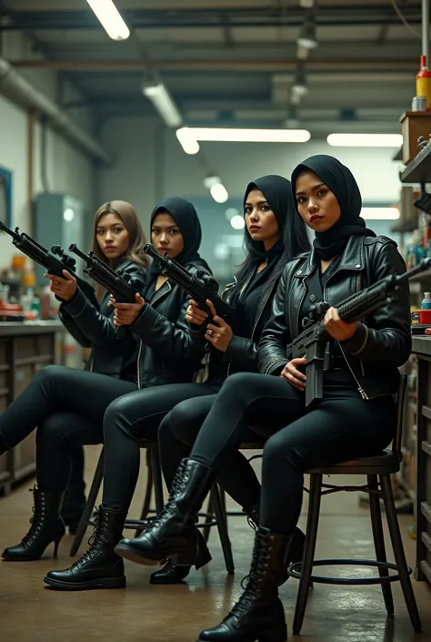  4 org Indonesian women holding rifles, at auto repair shop , Dressed gangster , sitting in iron.