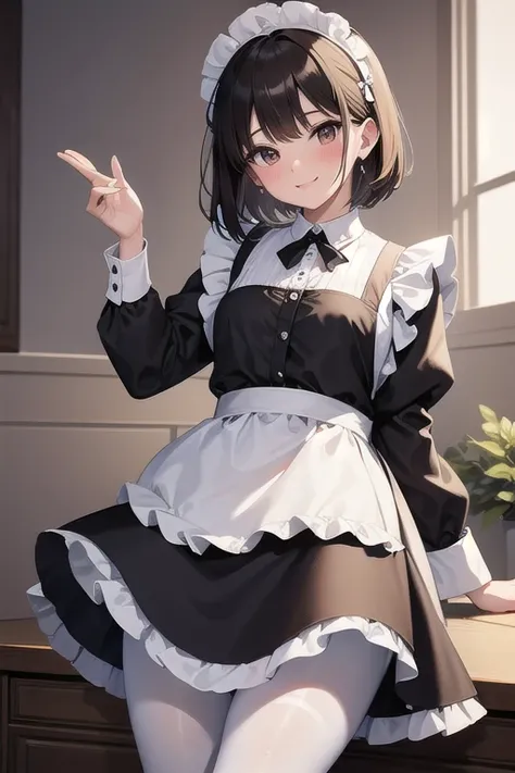 masterpiece、 best quality、beautiful、Fine Lines、A woman around 22 years old、 brown hair、 short hair、 Brown Eyes 、smile、blush、Pale lips、Maid、Long apron、 black pantyhose 、bedroom、Maid立ち、How to stand neatly、 from the front、maid headdress, Frill apron,big eyes,...