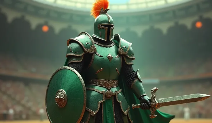  the character of a knight wearing green armor 。 wears a helmet with an orange feather decoration on the head、 the face part is dark and cannot be seen 。 has a large glowing silver sword on the right hand 、 holds a round green shield on the left hand 。The ...