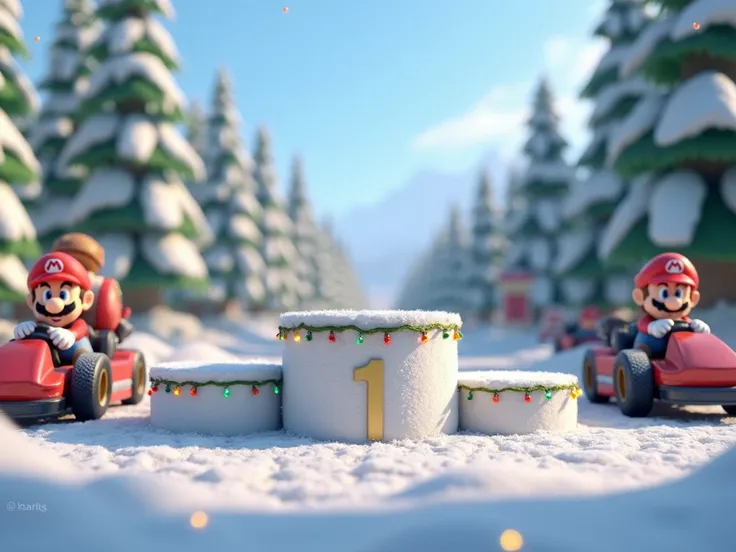 podium à TROIS places mario kart vide, 1, 2 and 3 with a superb Mario Kart Christmas festive decor on it under the snow and with trees, and mariokart cars around who are watching the scene 