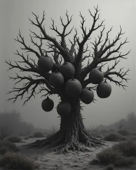 A stark and somber depiction of bitter fruits in an arid and desolate landscape. The fruits appear gnarled and dark, growing on thorny and lifeless trees. Their texture is rough and uninviting, exuding a sense of harshness and desolation. The background is...