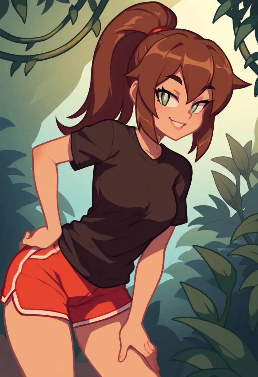 score_9, score_8_up, score_7_up, 1girl, long hair, bangs, brown hair, green eyes, ponytail,, shirt, short sleeves, shorts, black...