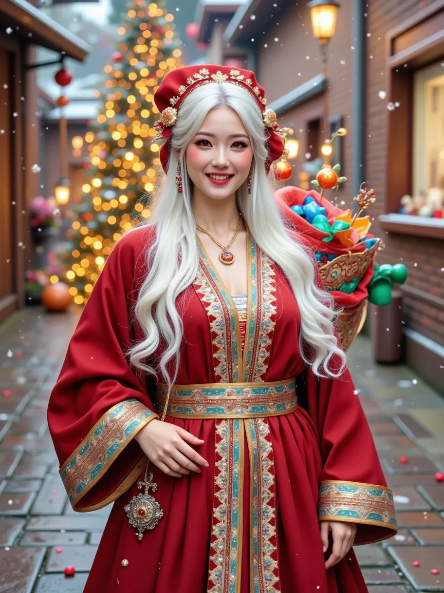 an image showing a traditional santa claus character with his red suit, white beard, and jovial face, holding a bag filled with ...