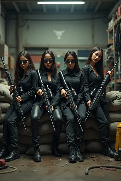  4 org Indonesian women holding rifles, at auto repair shop , Dressed gangster , sitting on a pile of semin sacks.