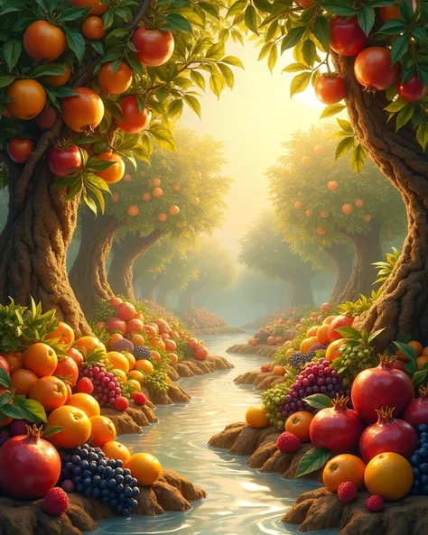 A vibrant and heavenly depiction of an abundance of delicious and varied fruits in a lush, celestial garden. Trees laden with golden apples, ruby-like pomegranates, plump grapes, and radiant oranges stretch across the scene. The fruits glisten with dew und...