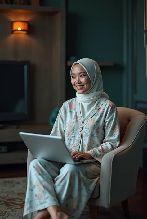 A beautiful Indonesian woman in white wearing a hijab face a little chubby smiling sweet teeth , wearing a demure nightgown long sleeve white floral floral trousers barefoot is sitting in a luxurious living room of luxurious black shades sitting on a woman...